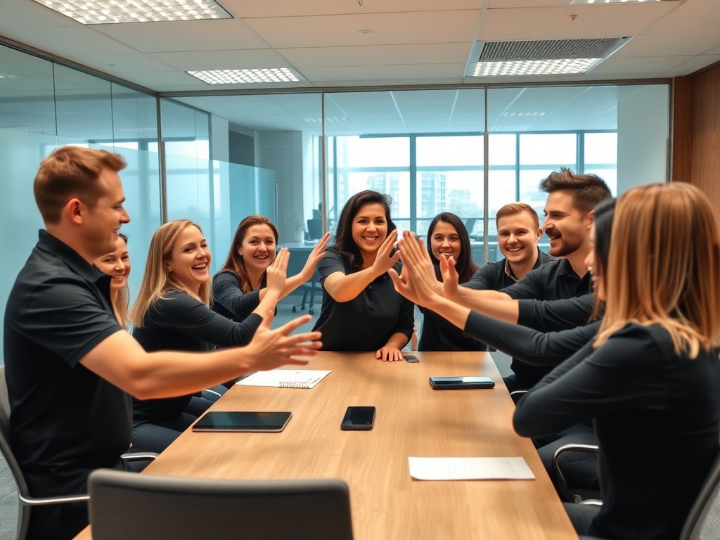 A group of colleagues in a UK office celebrating a team win, showing friendly teamwork energy.