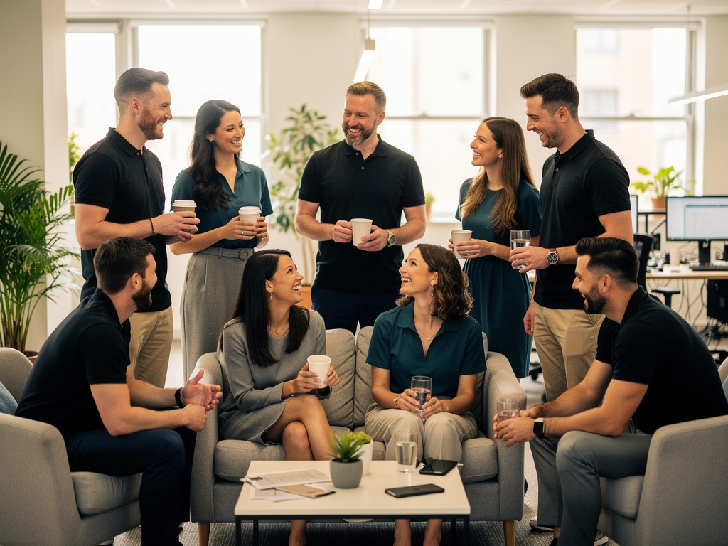 UK office team chatting and supporting each other in a bright, positive space
