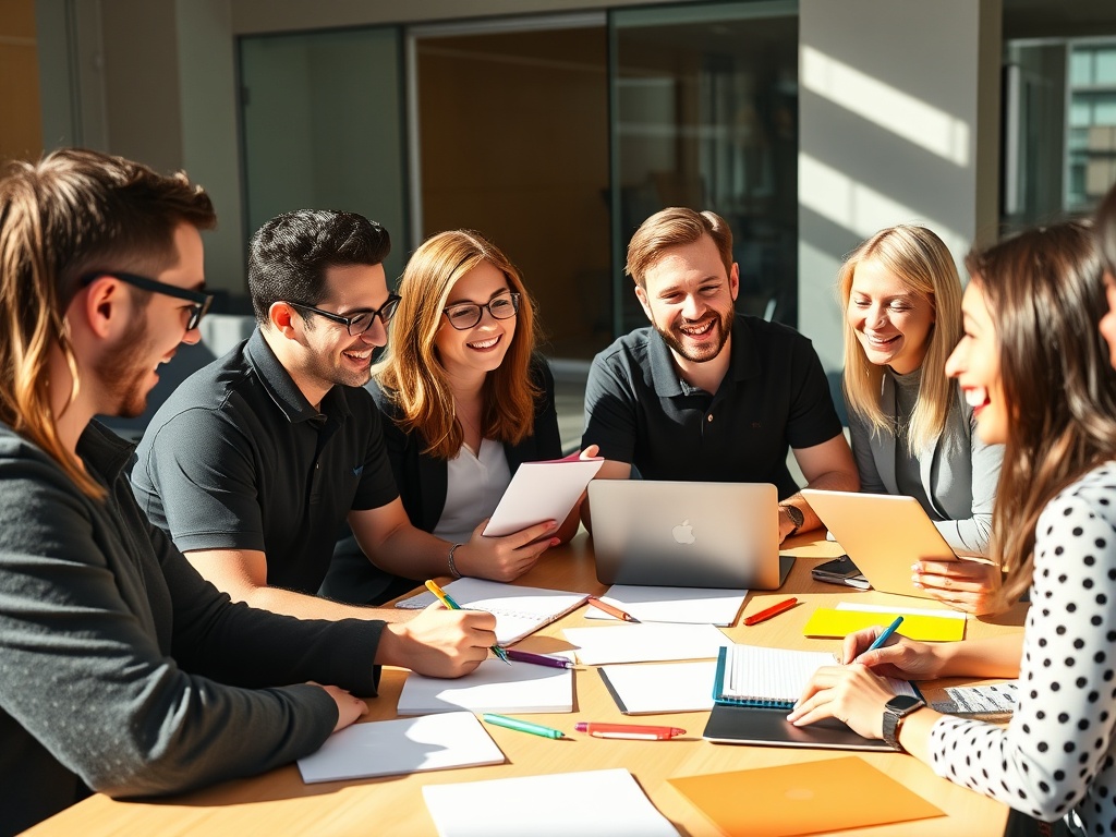 Colleagues brainstorming business writing ideas at work