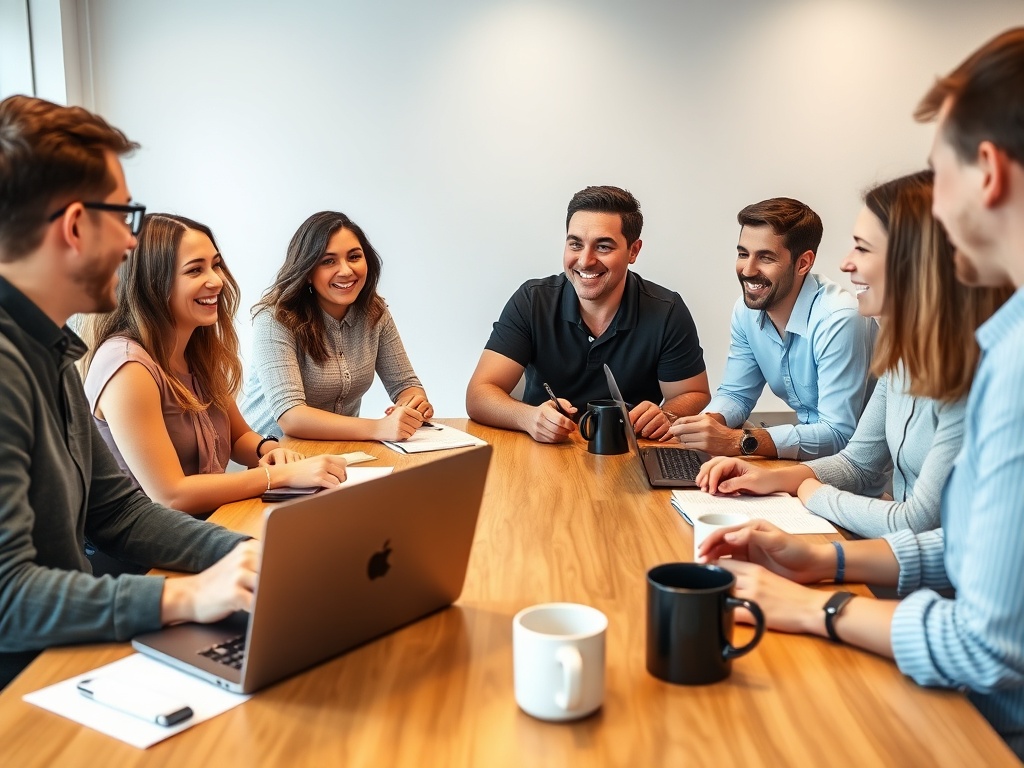Office team discussing business writing around a table