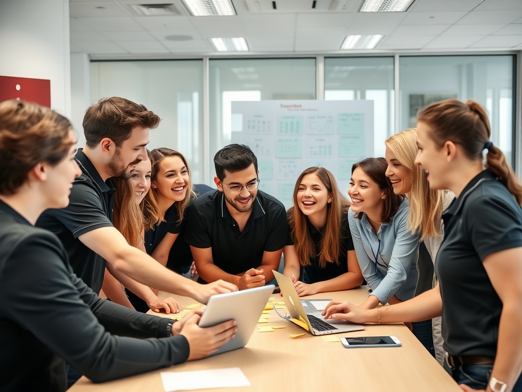 Colleagues collaborating on a project in a lively office setting