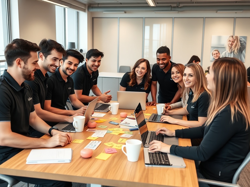 A cheerful, diverse UK team collaborating around a table in a lively office setting
