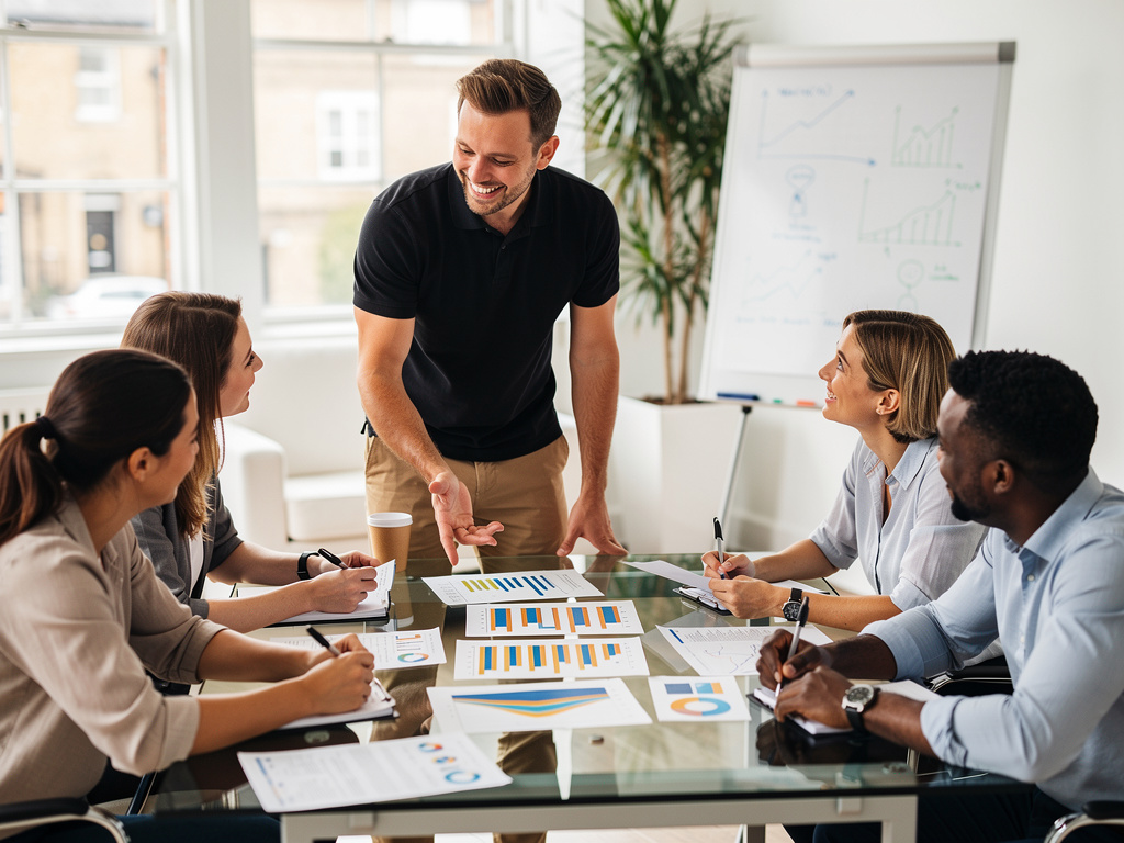 Business trainer leading a fun commercial awareness workshop with UK professionals