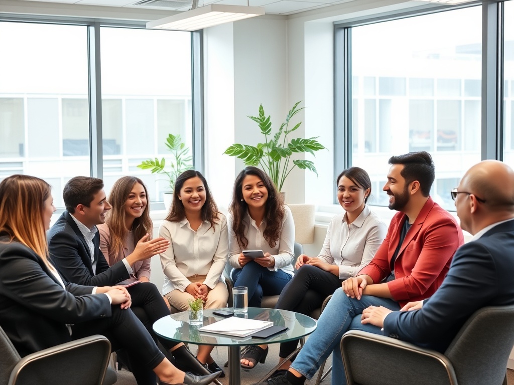 Group of UK professionals discussing commercial awareness in an office