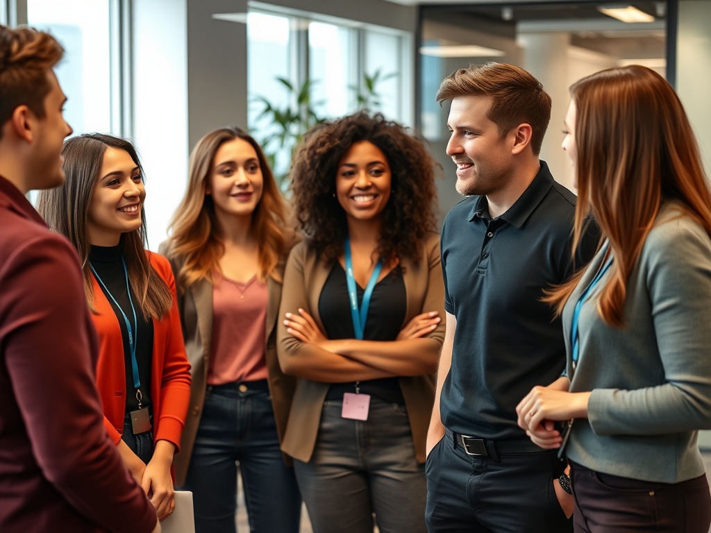 Group of UK professionals having a confident conversation in an office, representing communication skills
