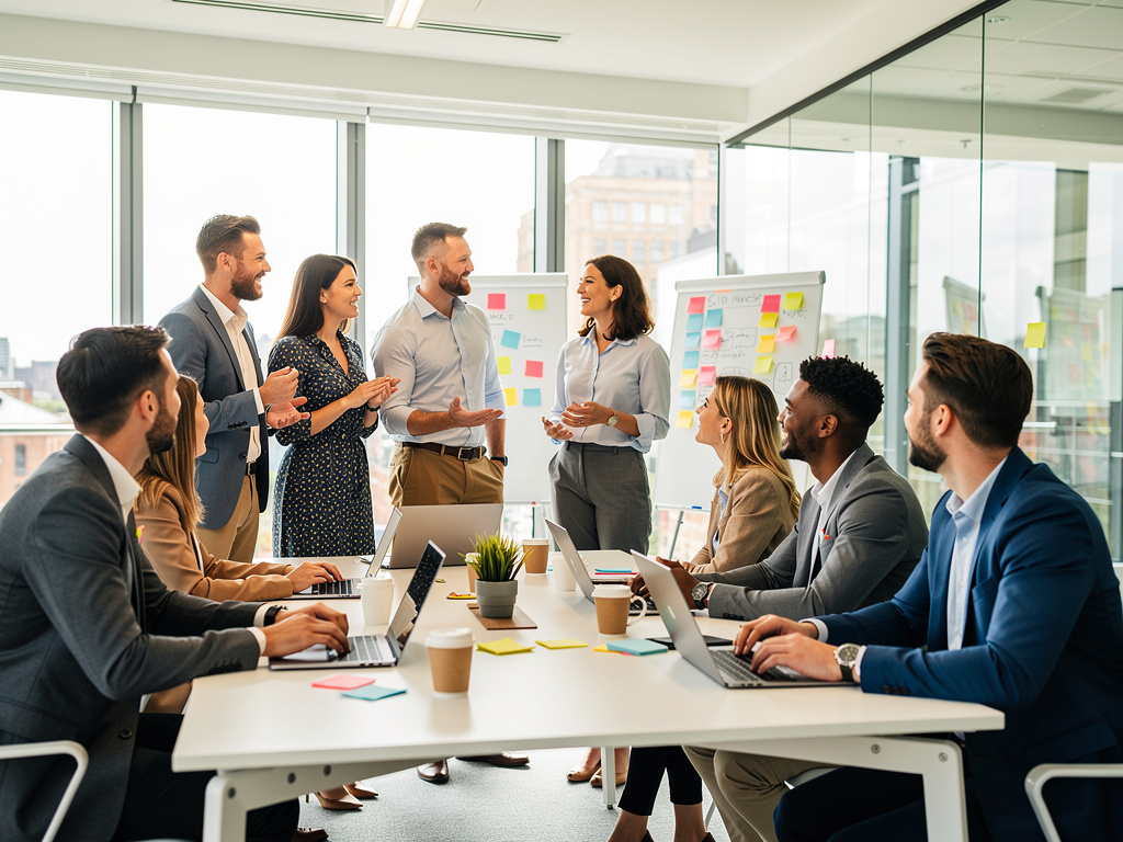 Team brainstorming with sticky notes in a lively UK office