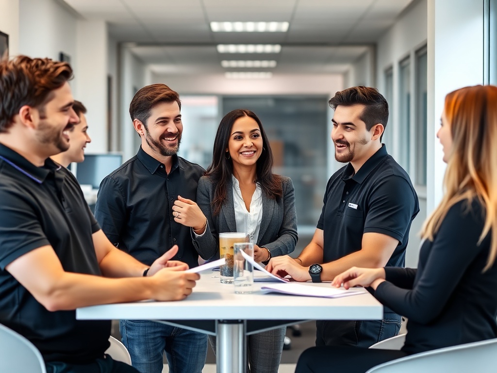 Colleagues having an engaging conversation in a UK office, business casual