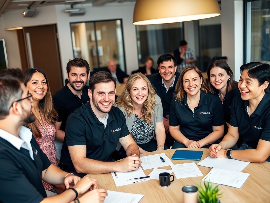 Customer service team brainstorming in UK office