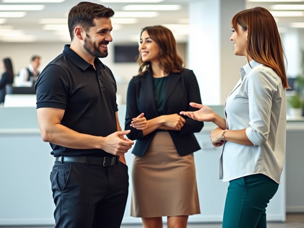 Colleagues having a calm, friendly conversation in a UK office setting