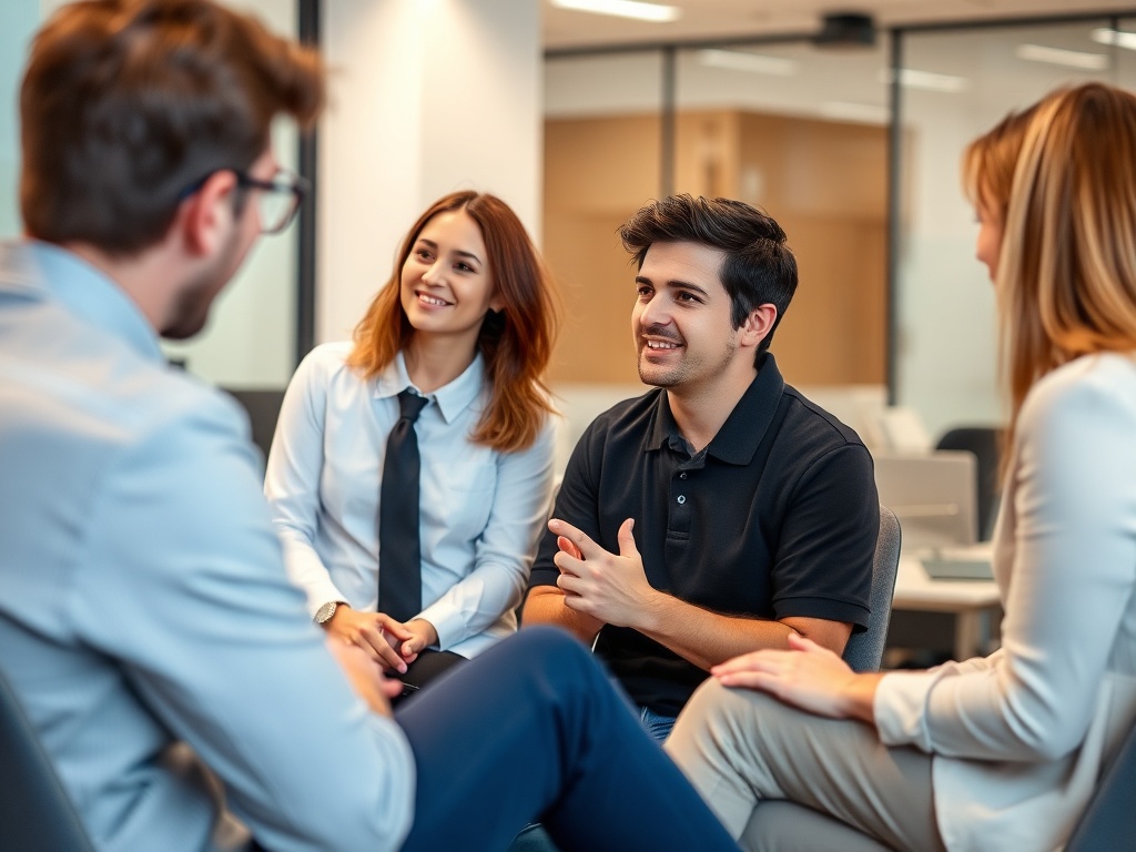 Group of professionals having a friendly discussion about emotional intelligence in a modern UK office