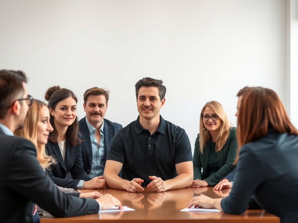 Business meeting scene with confident facilitator