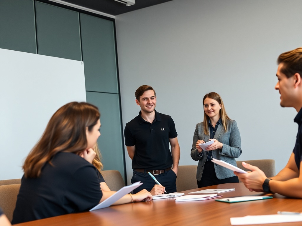 Friendly UK professionals in a leadership meeting