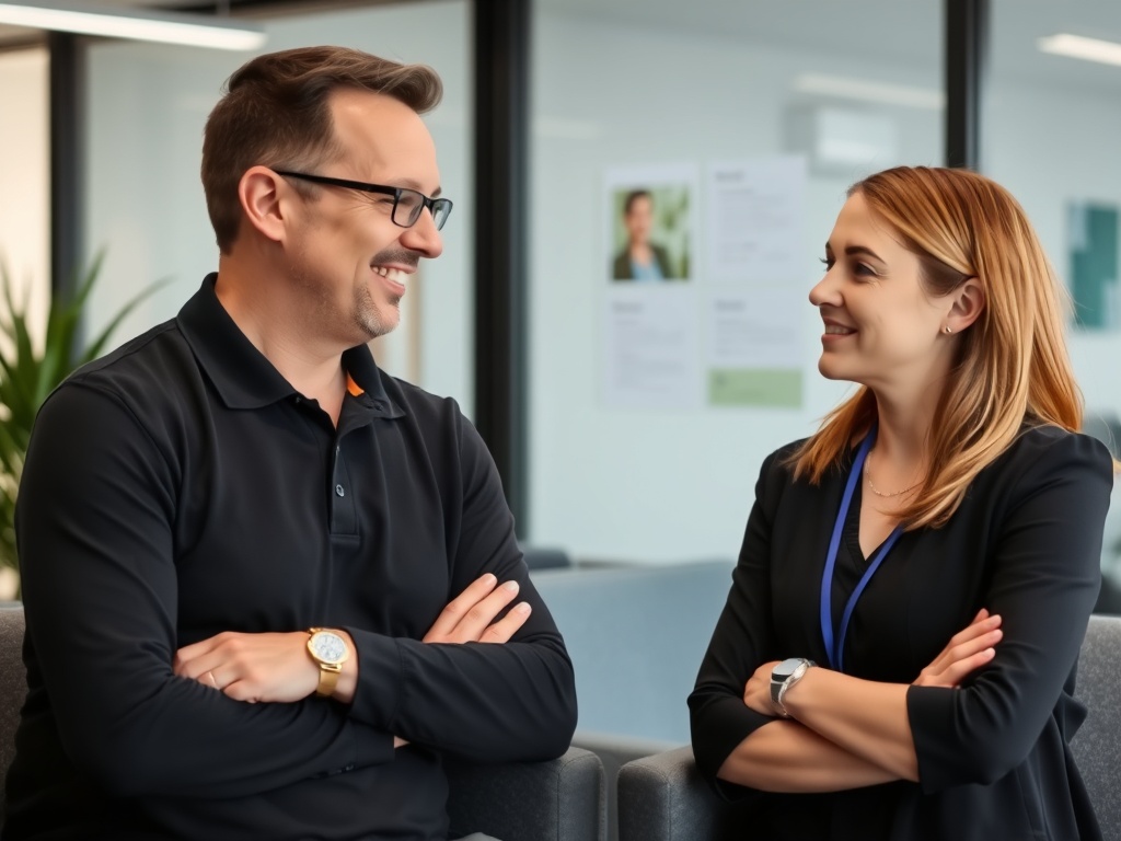 Friendly HR manager and team member discussing absence management in a UK office