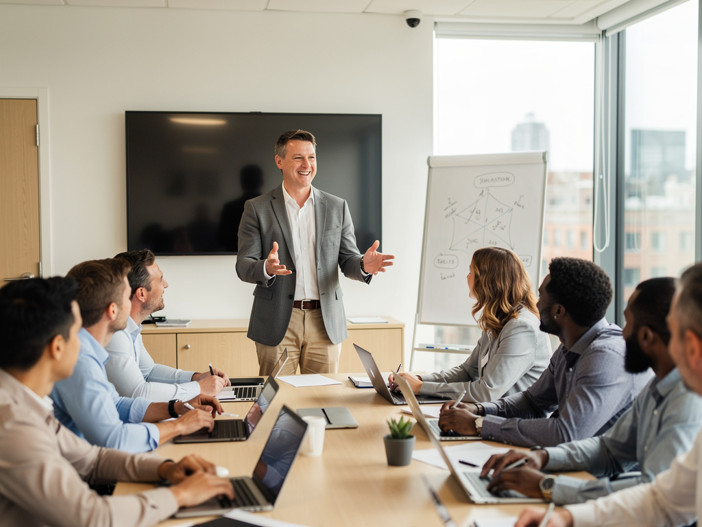 A cheerful UK-based professional trainer leading a group discussion on managing conflict at work