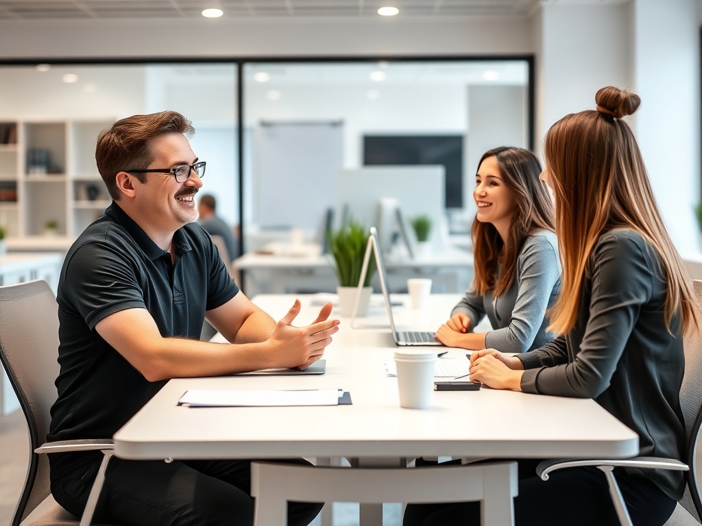 Manager giving performance feedback in a friendly UK office setting