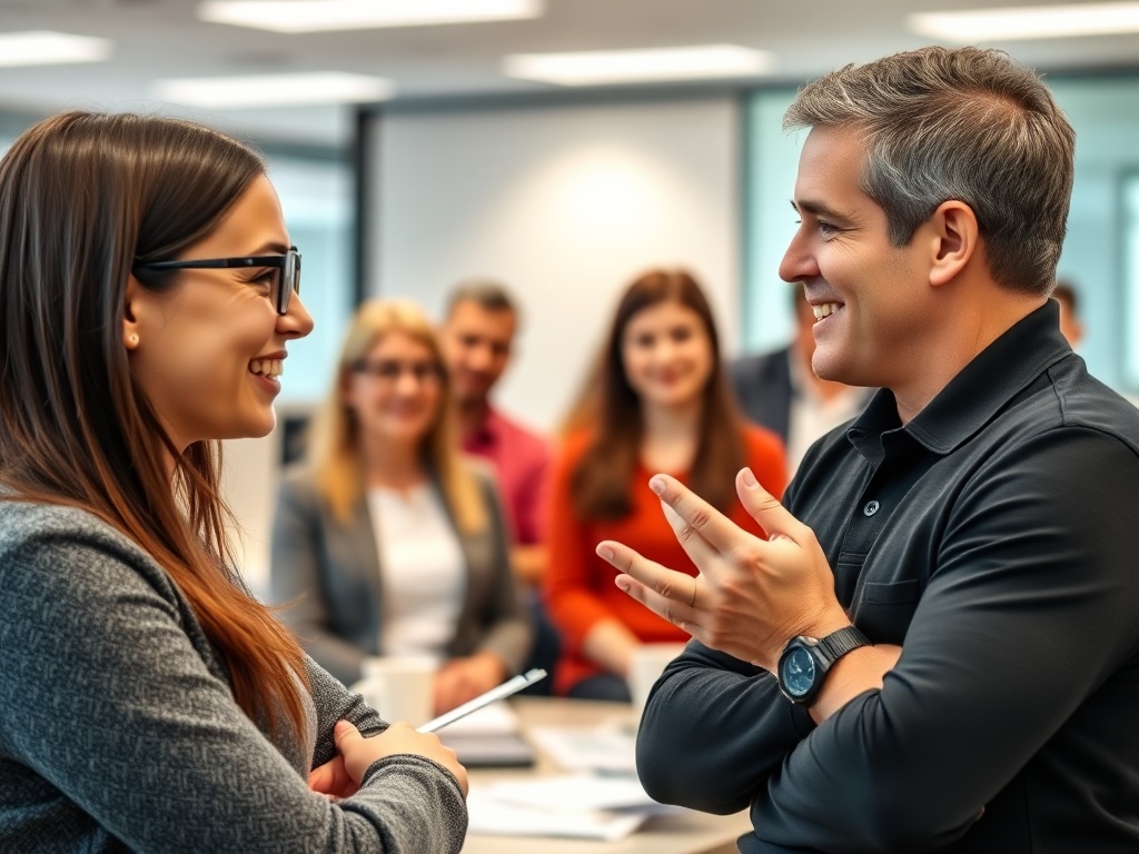 Manager giving positive feedback in a friendly UK office environment