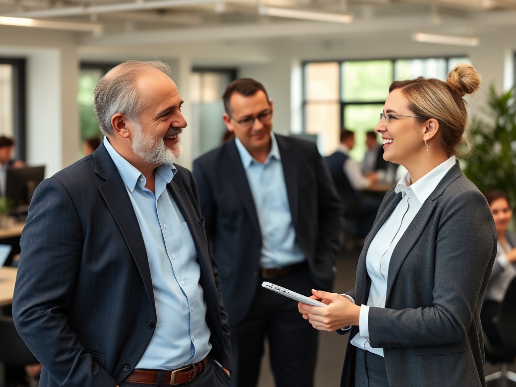 Manager giving feedback in a relaxed, friendly UK office