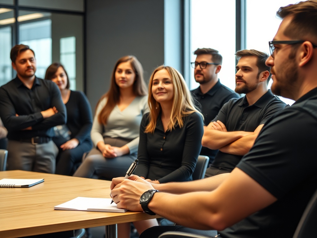 Team meeting with confident minute-taker in a lively UK office