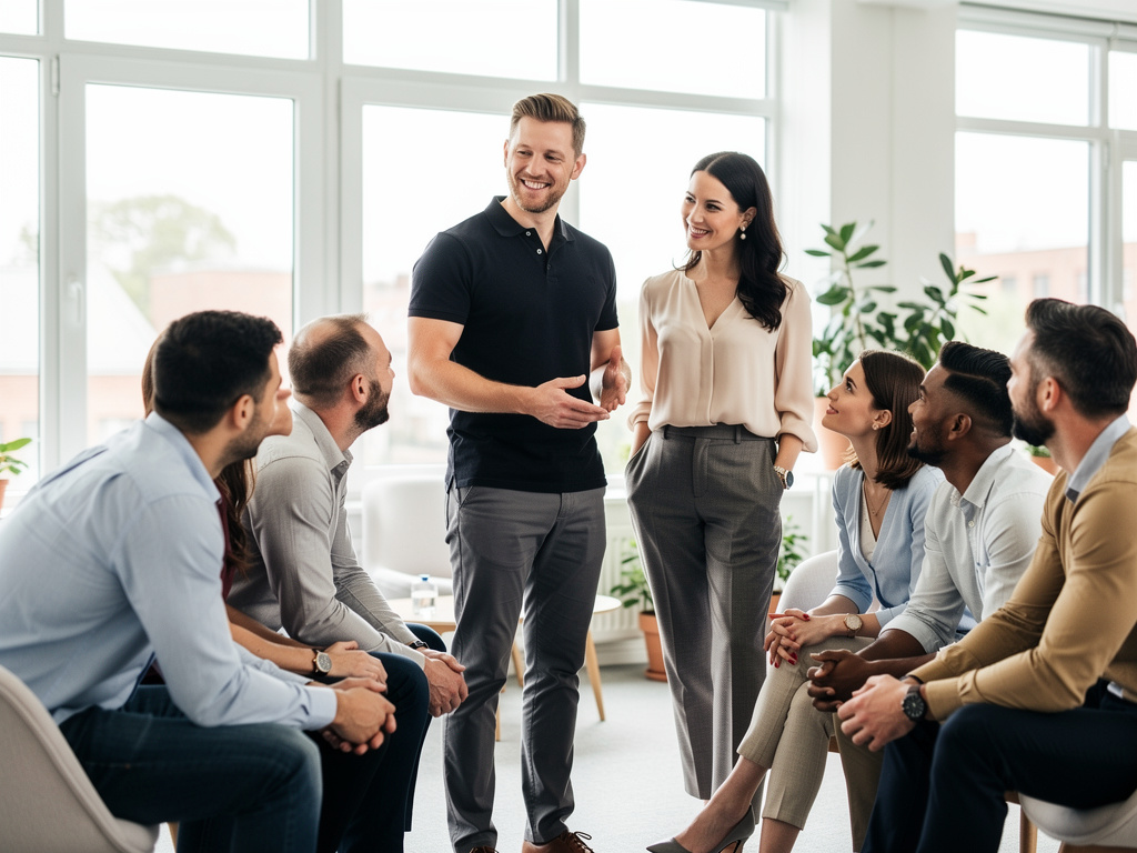 A friendly and confident UK manager chatting with a diverse team in a bright modern office, all smiling and engaged in upbeat discussion.