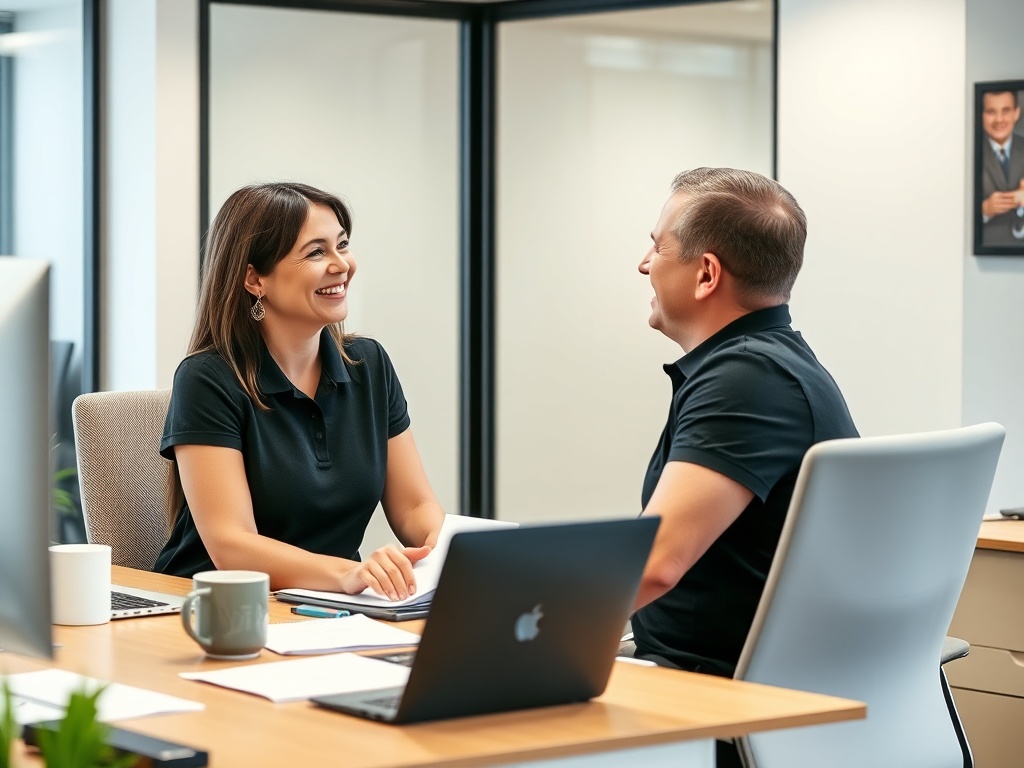 A people manager having a positive conversation with an employee in a UK office setting