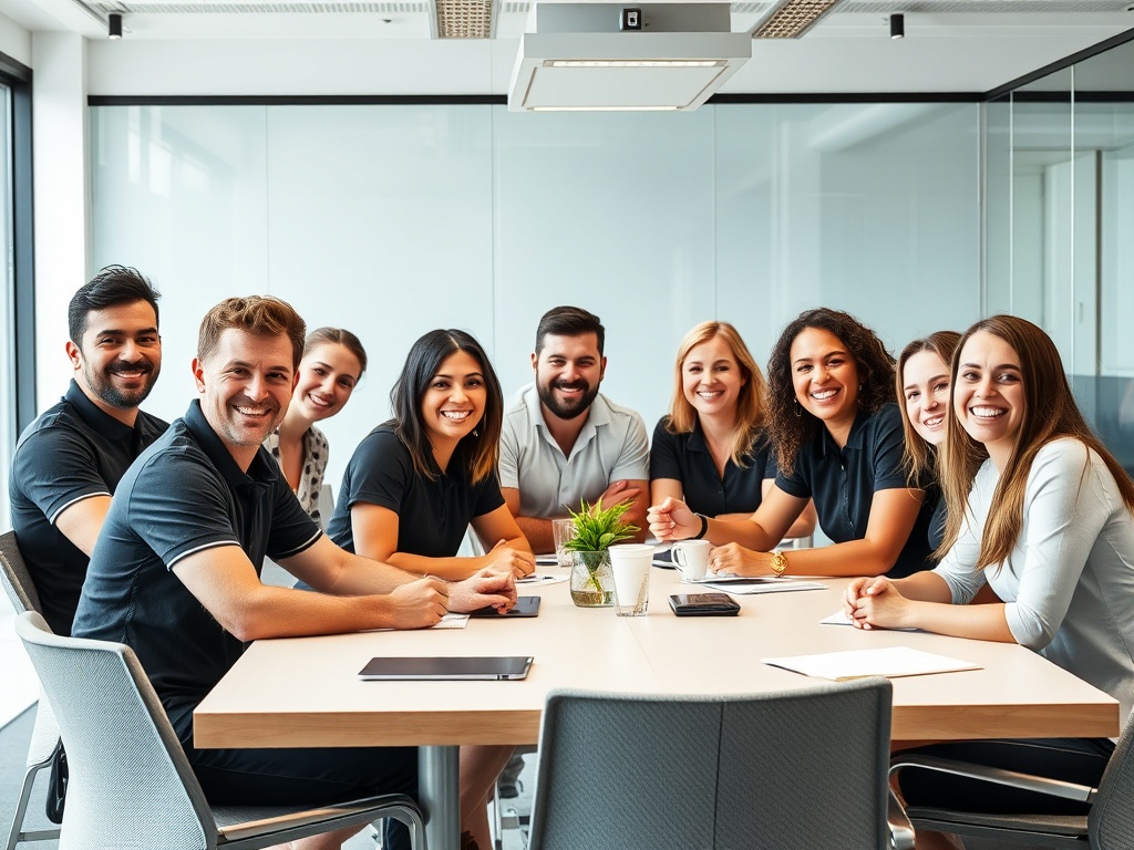 Team collaborating and smiling in a meeting room