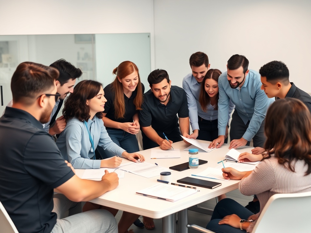 Team brainstoming problem-solving solutions in a UK office