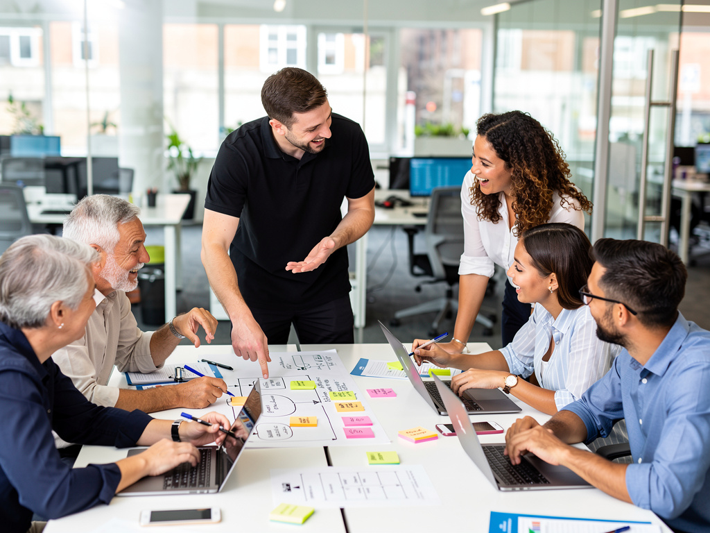 A group of UK professionals collaborating on process maps in a bright, lively office setting