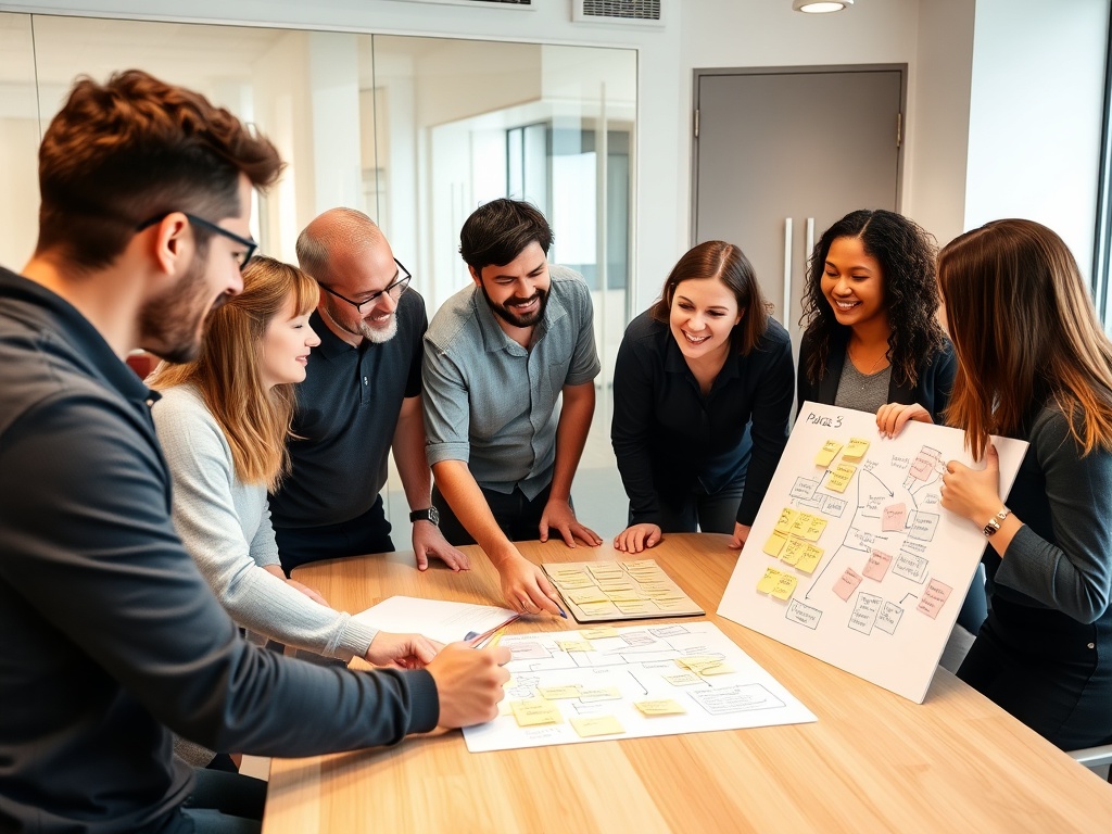 Colleagues mapping out a business process with sticky notes and a whiteboard