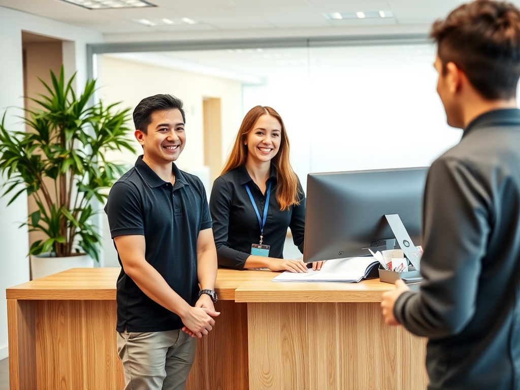Friendly UK receptionist welcoming a visitor at the desk
