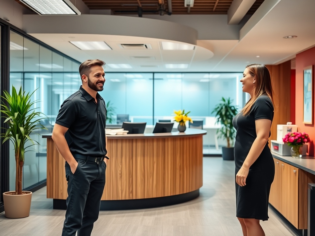 Friendly UK office receptionist welcoming a visitor