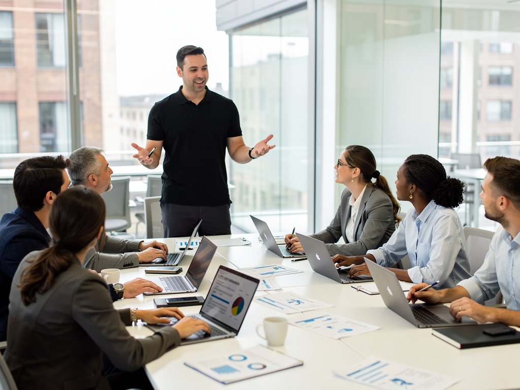 A team working together on report writing in a UK office
