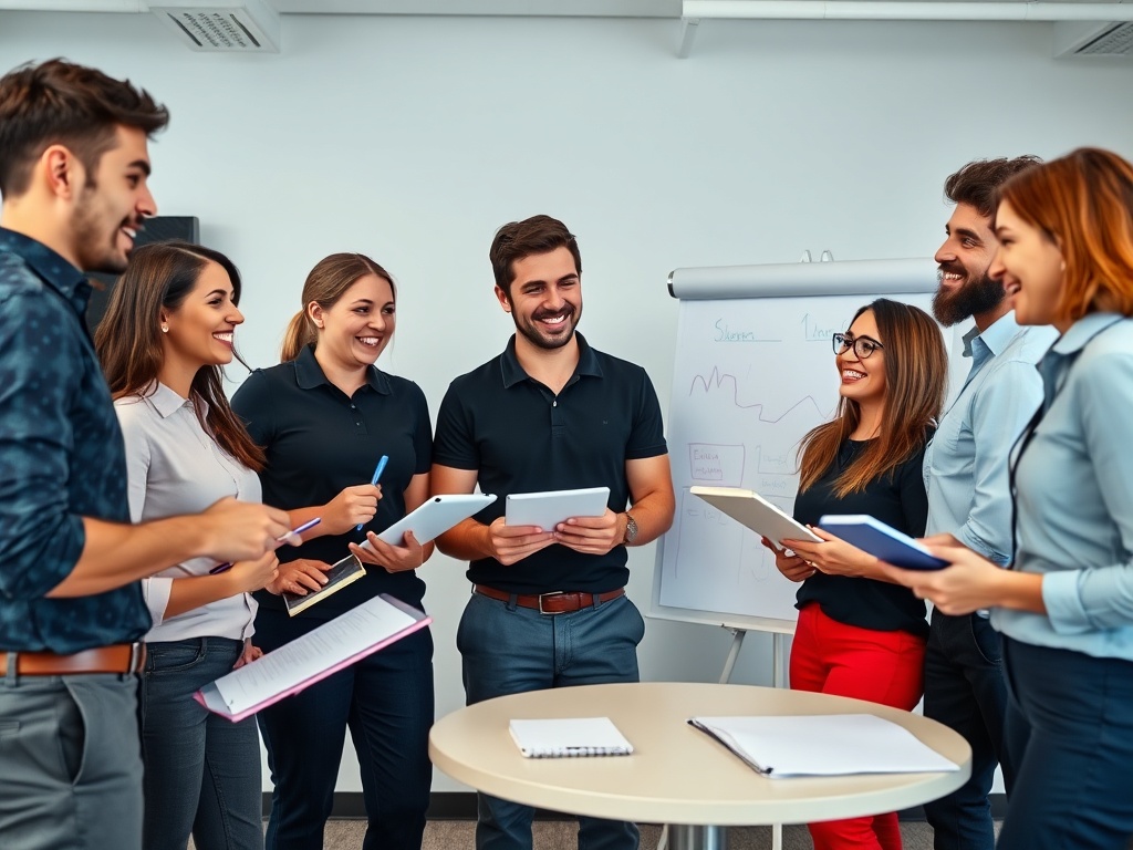 A lively, upbeat sales meeting with confident, diverse UK professionals in business casual dress