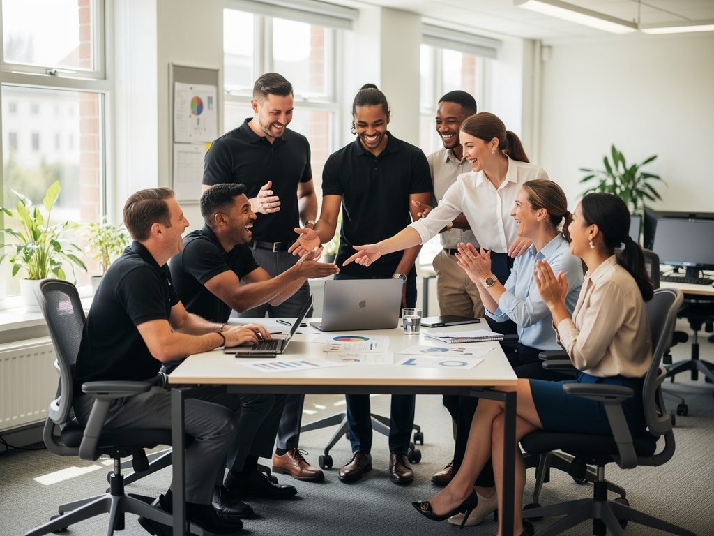 A lively UK team collaborating and celebrating small successes in a fun, modern office environment