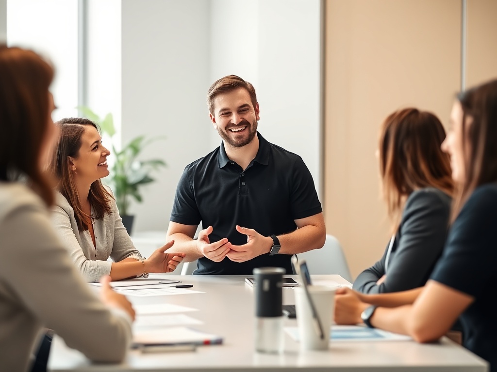 A lively in-person training session with a business casual trainer and engaged UK professionals around a table